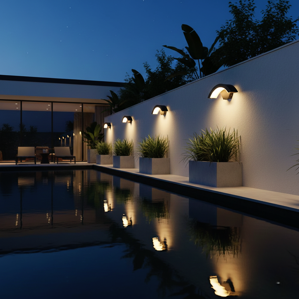 Industrial Curved Outdoor Wall Light with Warm Downward Glow