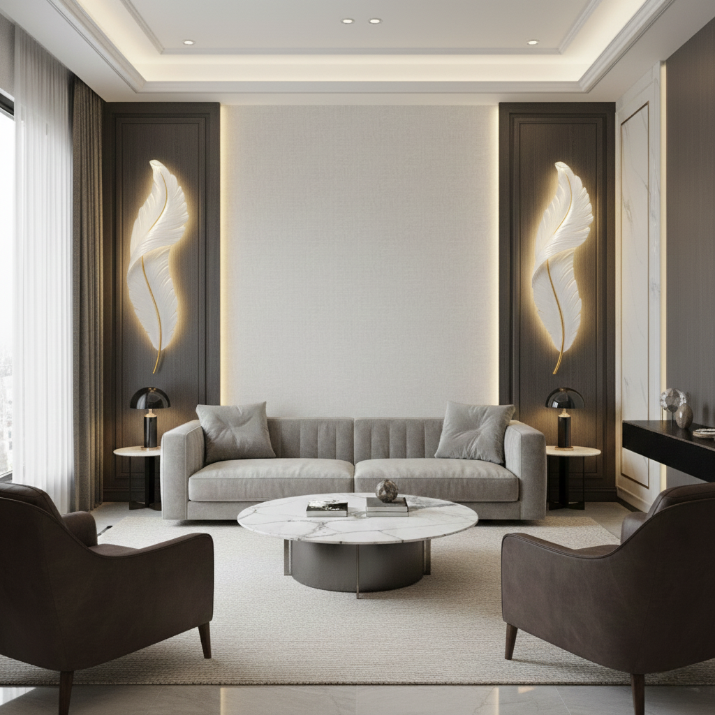 Hand-Carved Feather Wall Sconce with Gold Accents