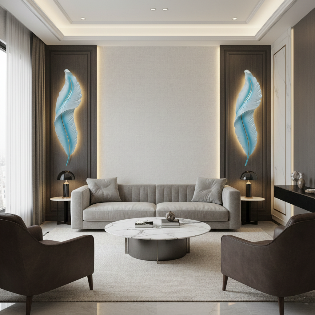 Hand-Carved Feather Wall Sconce with Gold Accents