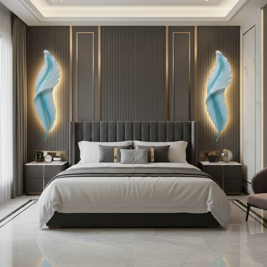 Hand-Carved Feather Wall Sconce with Gold Accents