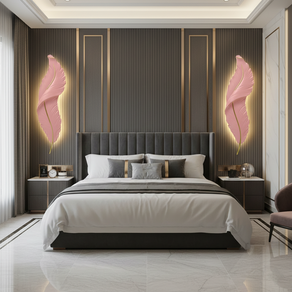 Hand-Carved Feather Wall Sconce with Gold Accents