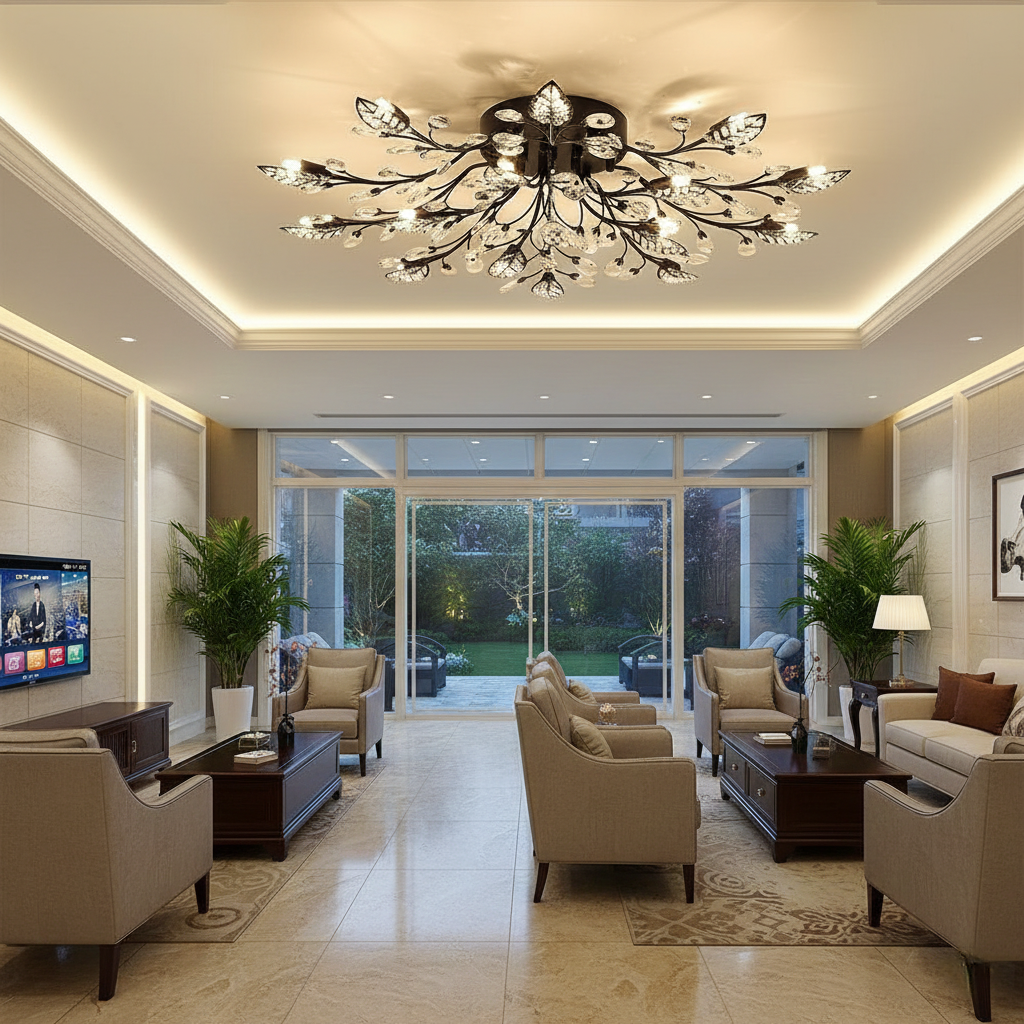 Floral-Inspired Crystal Flush-Mount Chandelier with Ambient Glow