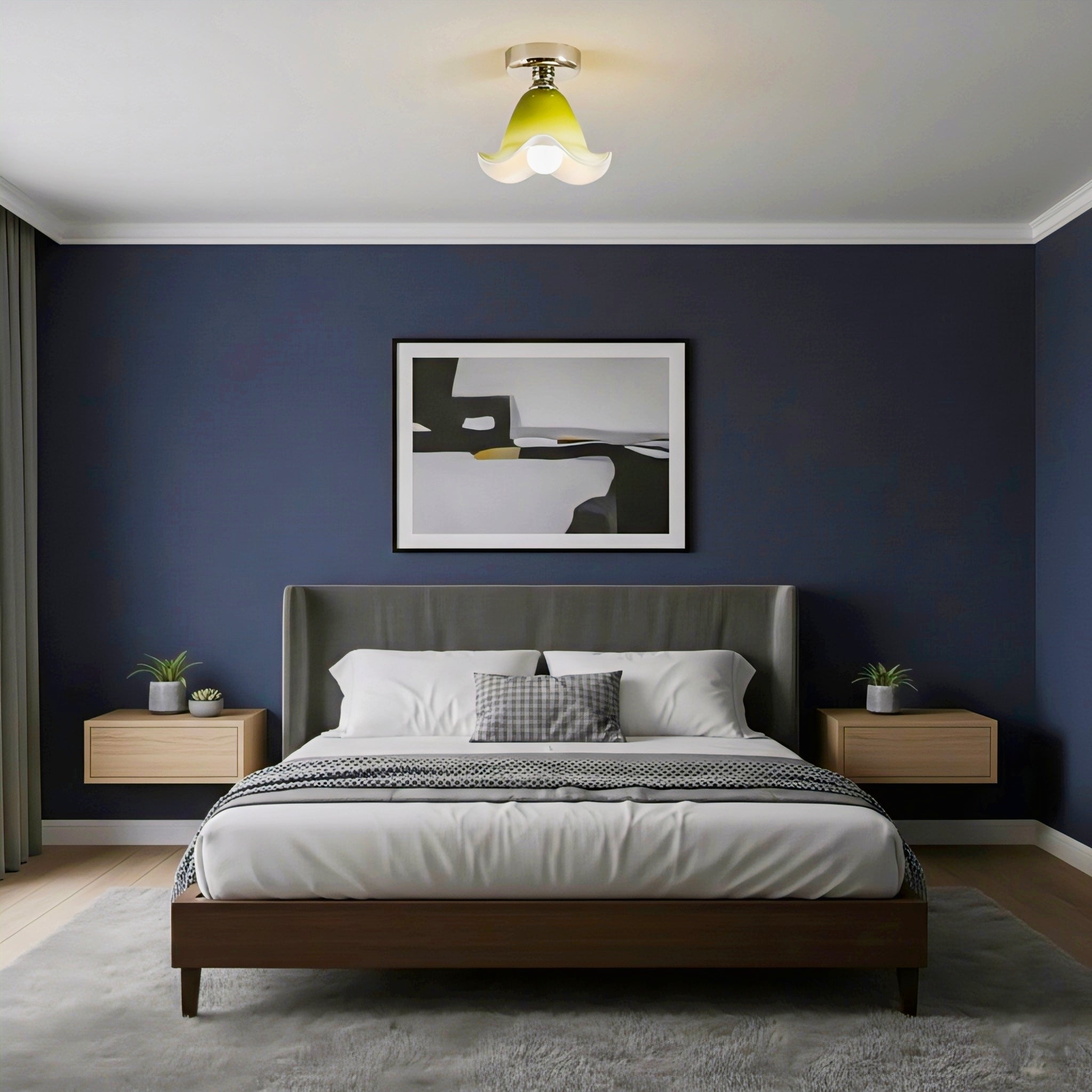 French-Inspired Semi-Flush Ceiling Light with Green Glass Shade