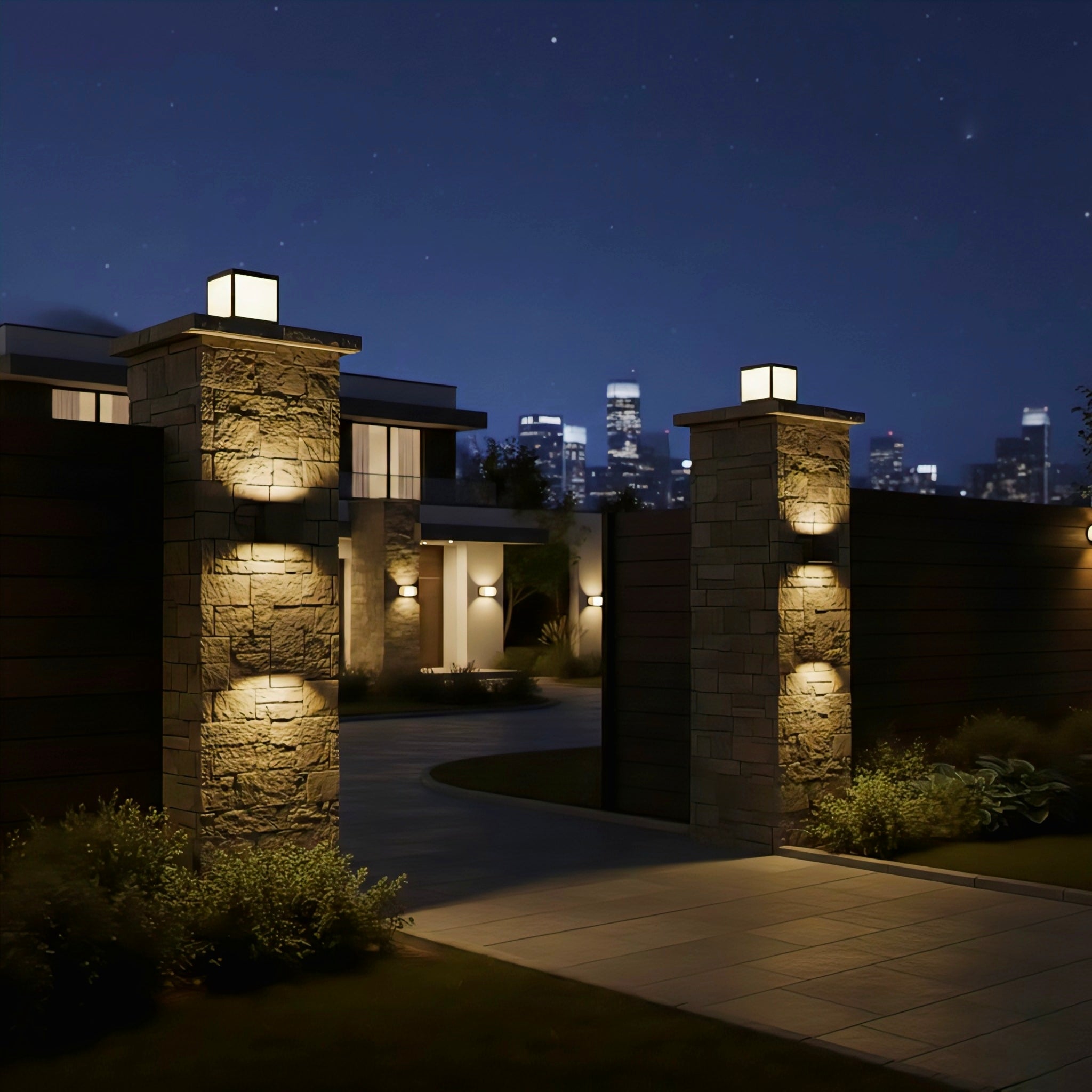 Modern Cube Outdoor Post Light with Warm LED Glow