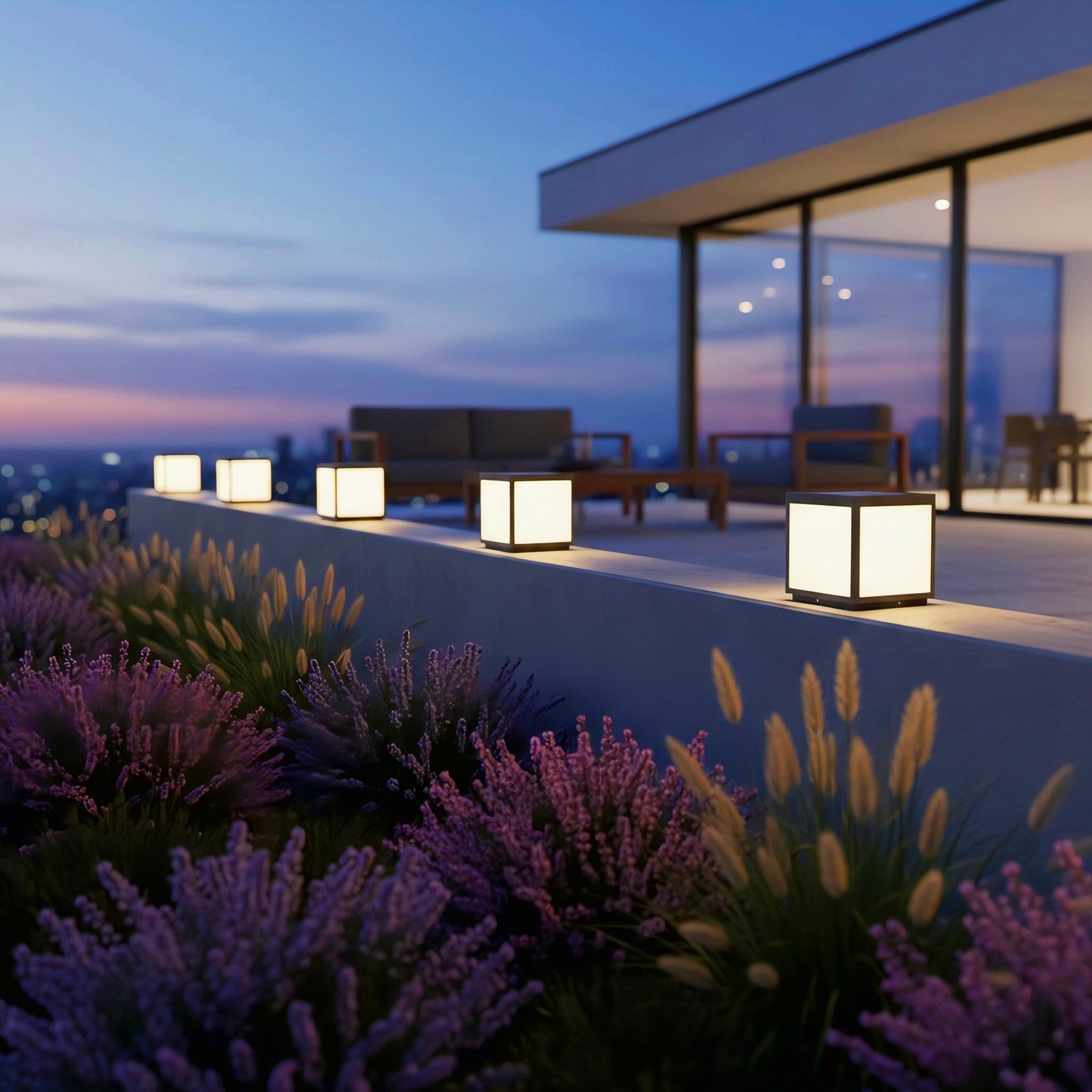 Modern Cube Outdoor Post Light with Warm LED Glow