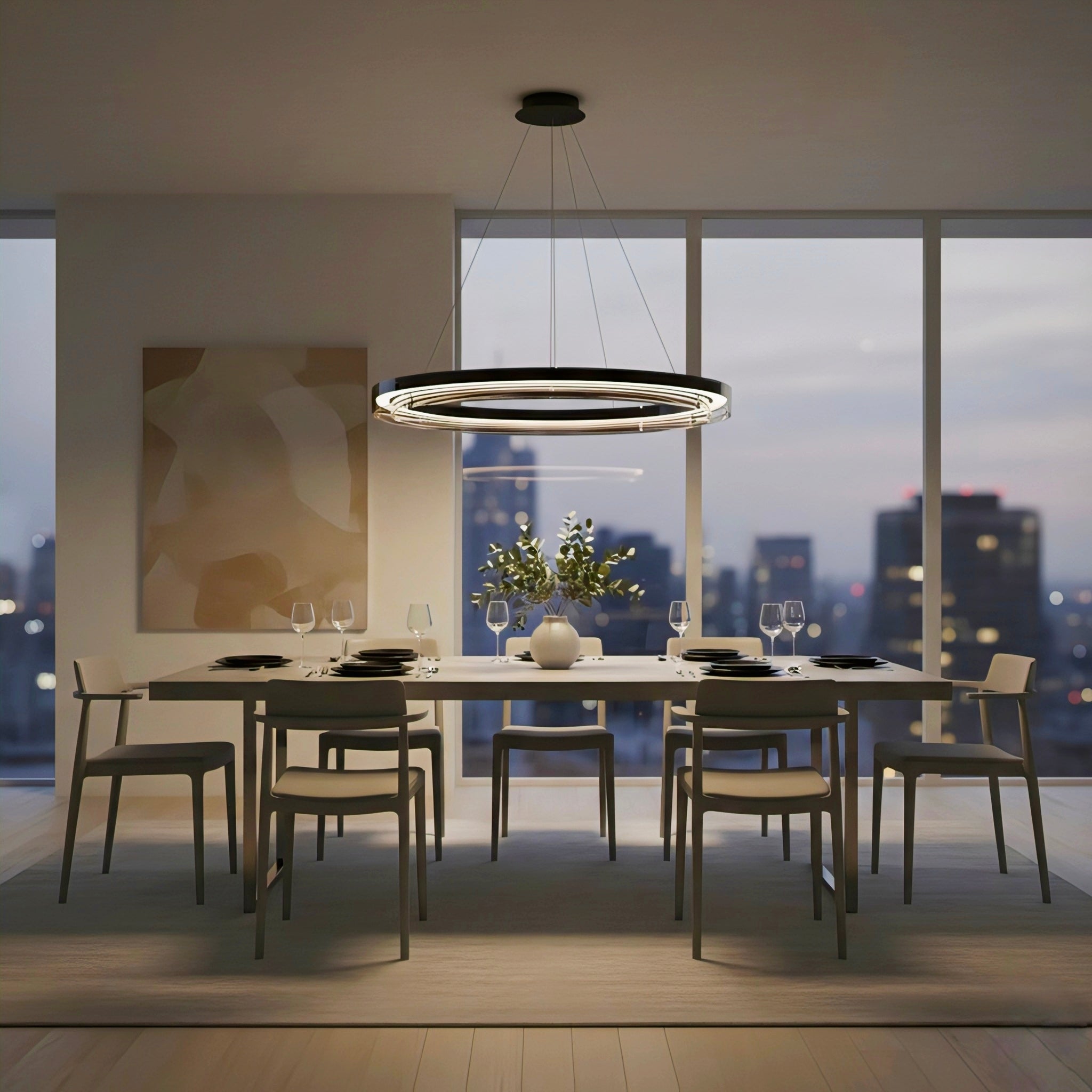 Modern Black LED Ring Pendant Chandelier with Dimmable Light