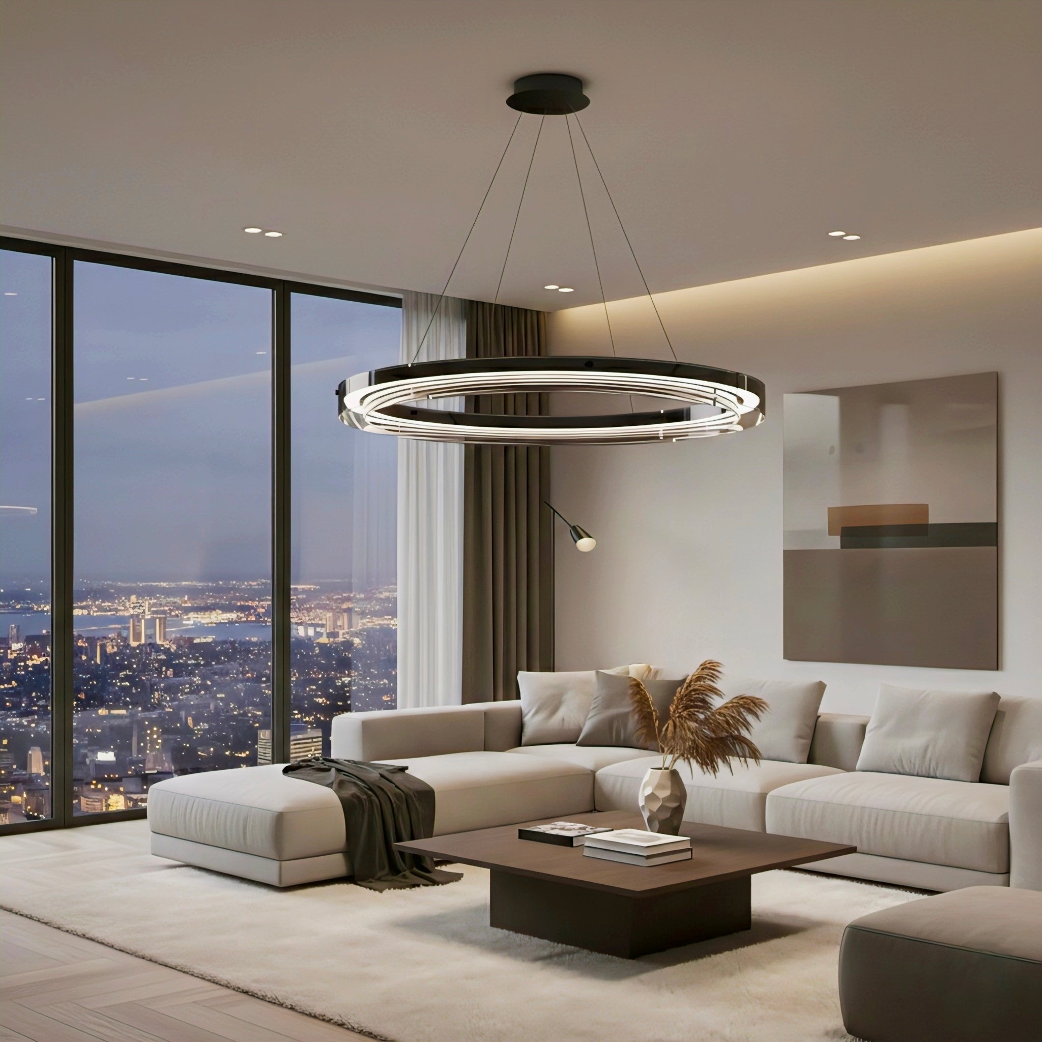 Modern Black LED Ring Pendant Chandelier with Dimmable Light