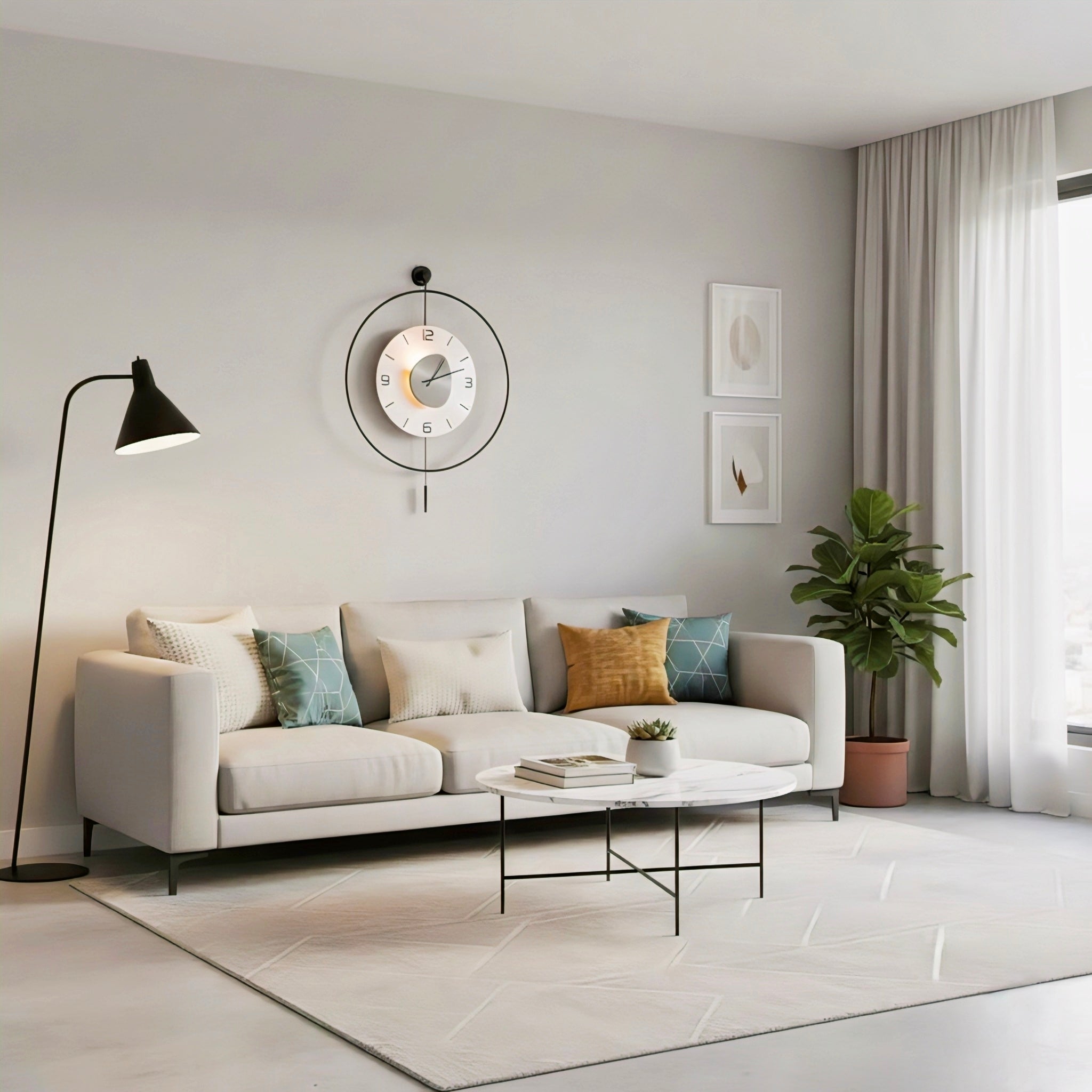 Modern Hanging Metal Wall Clock with Sculptural Pendant Accent