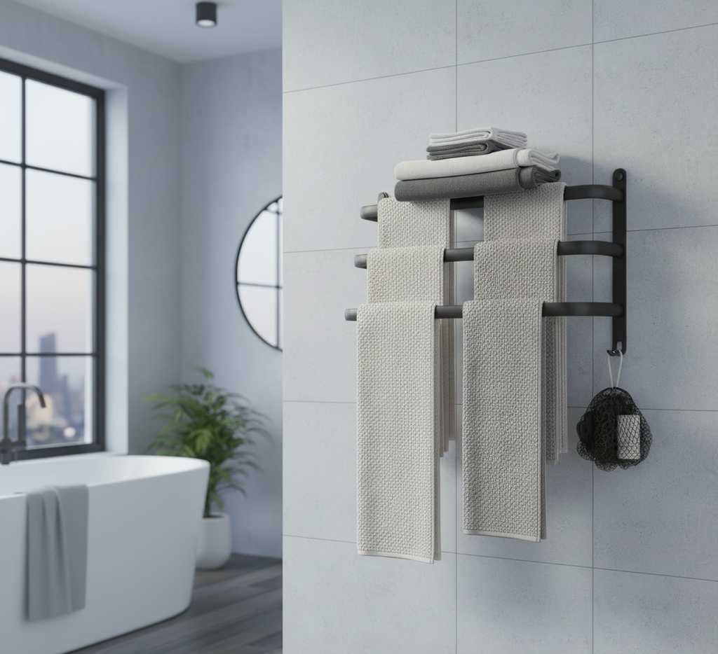Three-Tier Wall-Mounted Towel Rack for Modern, Space-Saving Bathrooms