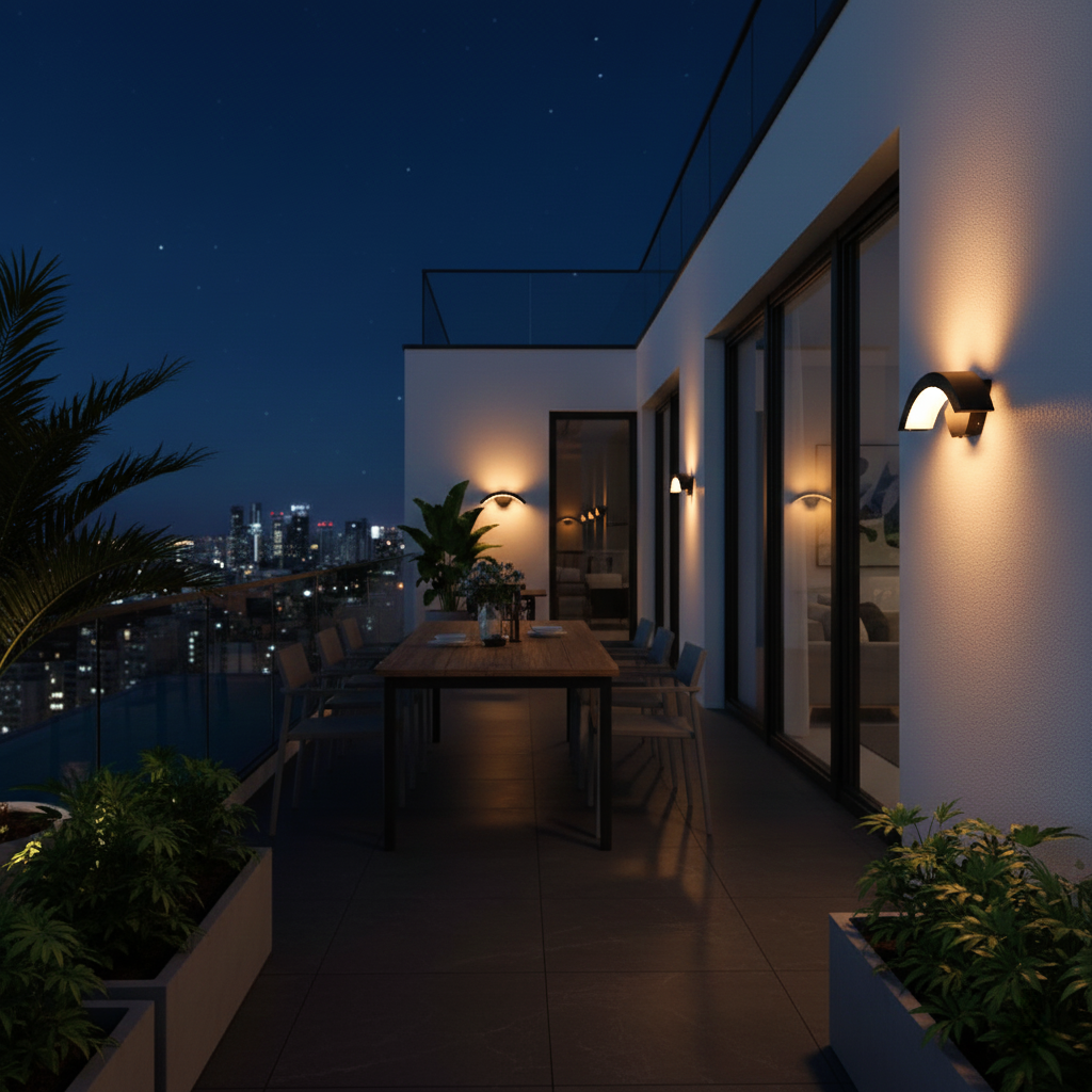 Industrial Curved Outdoor Wall Light with Warm Downward Glow