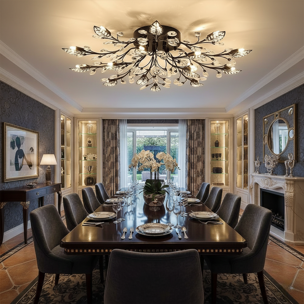 Floral-Inspired Crystal Flush-Mount Chandelier with Ambient Glow