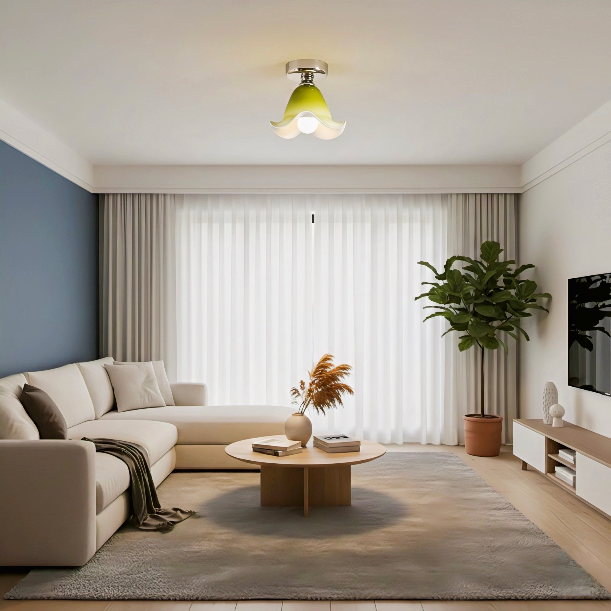 French-Inspired Semi-Flush Ceiling Light with Green Glass Shade