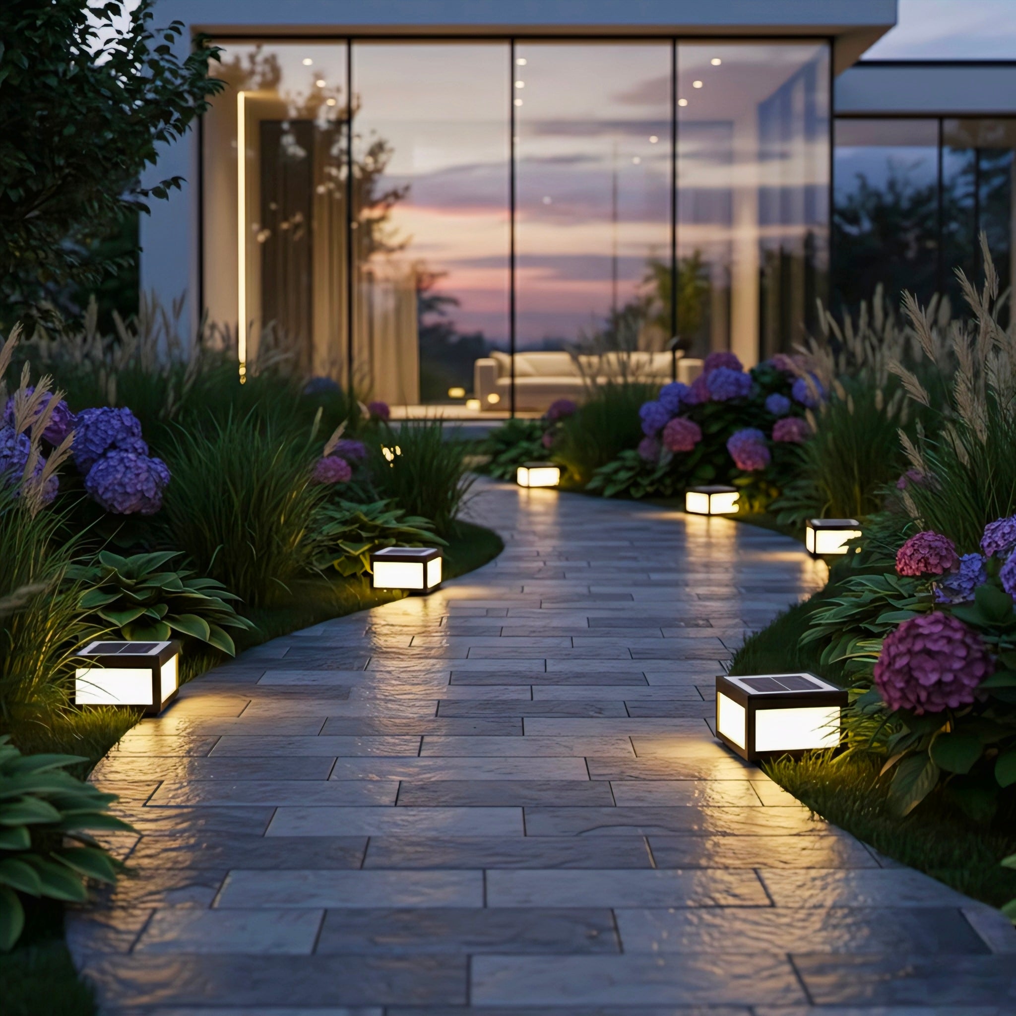 Modern Cube Outdoor Post Light with Warm LED Glow