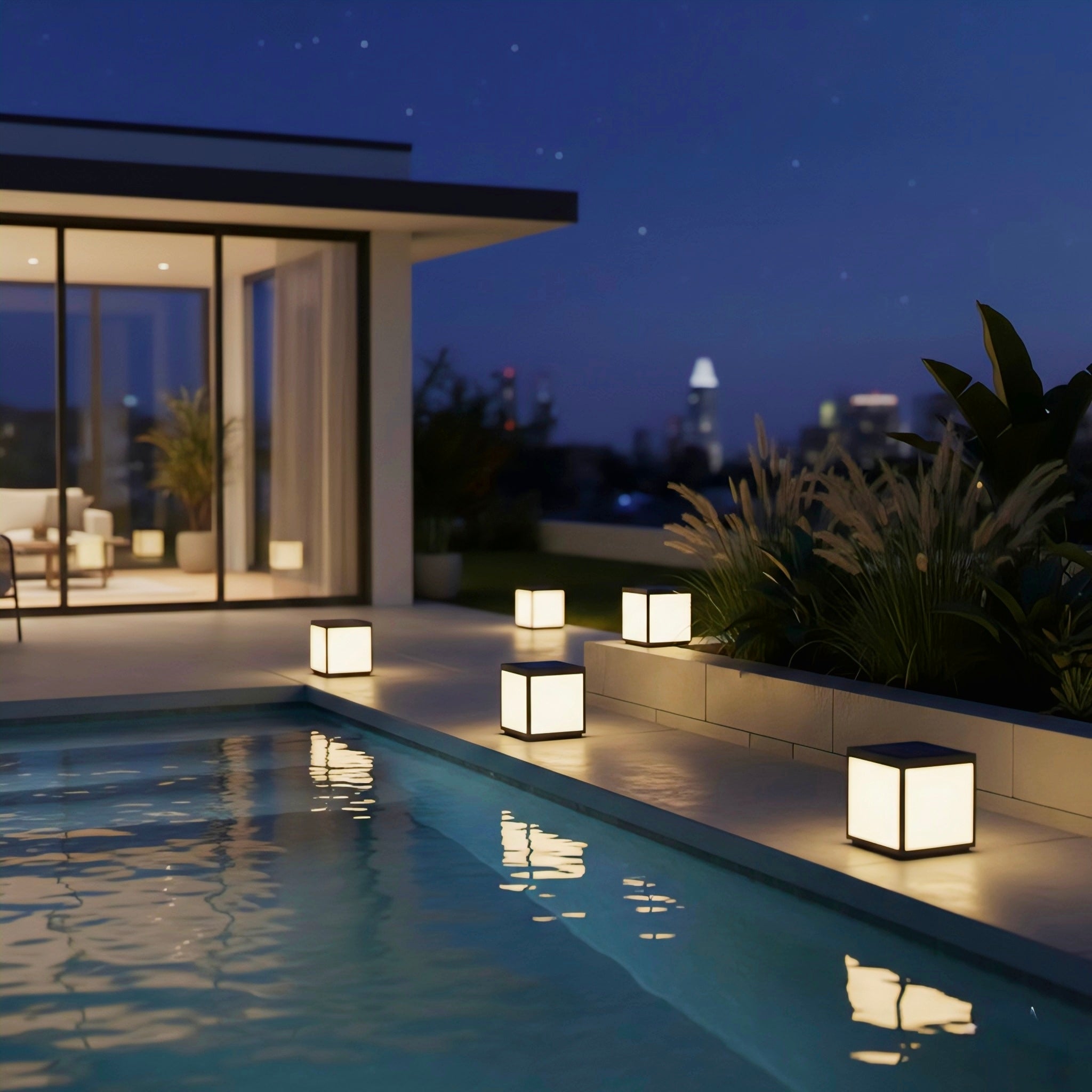 Modern Cube Outdoor Post Light with Warm LED Glow