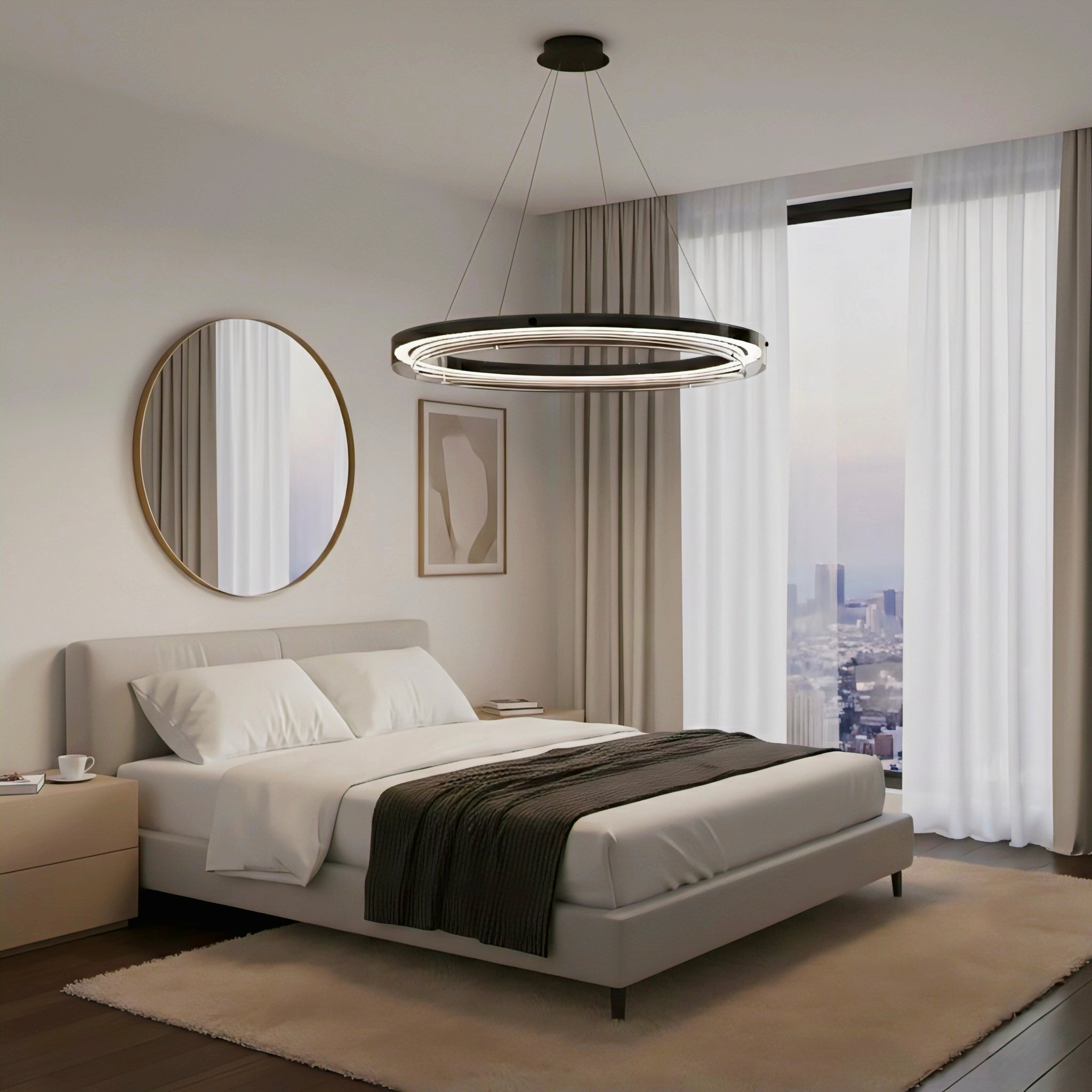 Modern Black LED Ring Pendant Chandelier with Dimmable Light