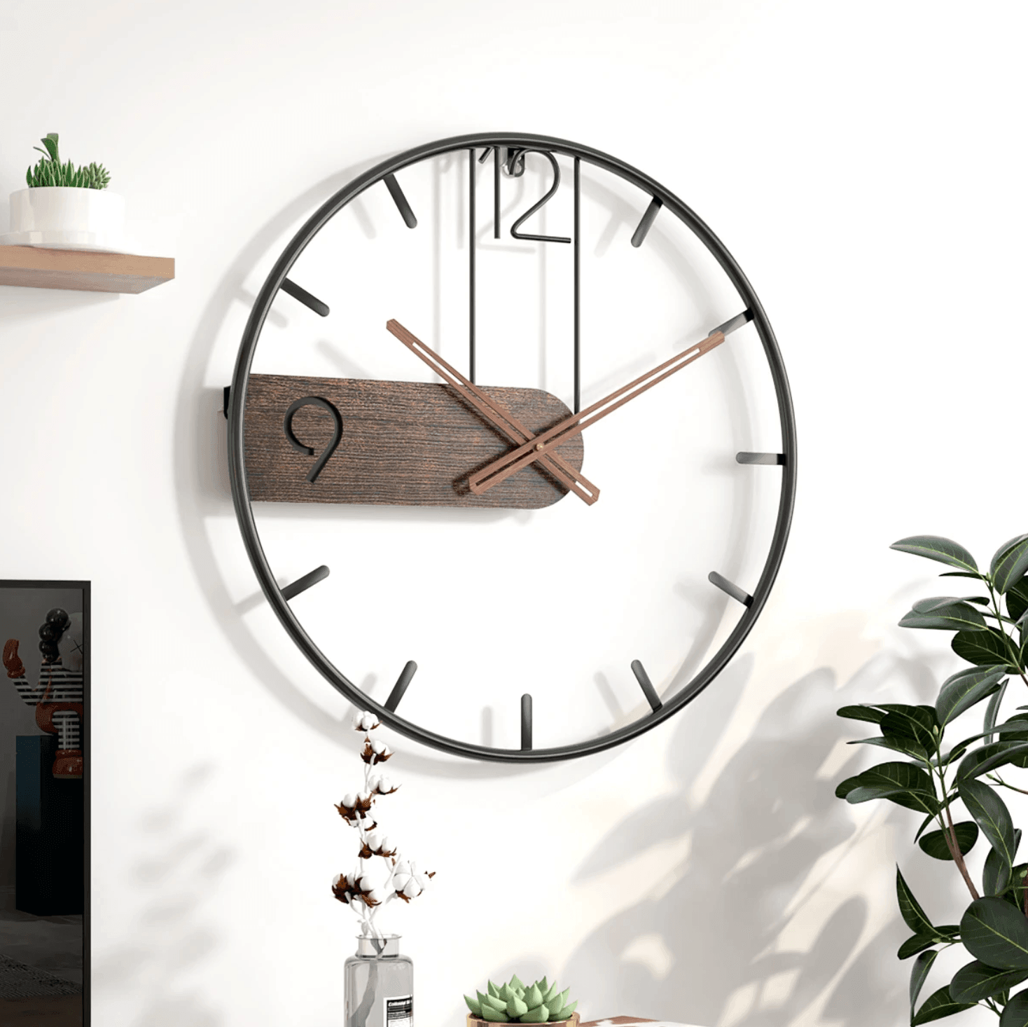Industrial Wall Clock with Walnut Hands and Silent Quartz Movement